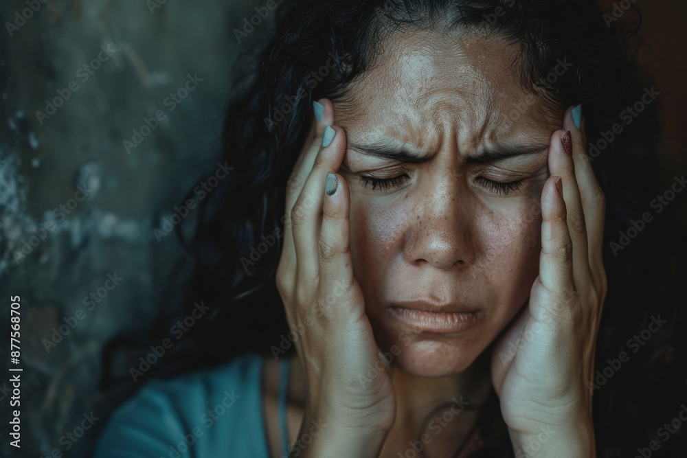 a closeup portrait image of hispanic woman with a head ache, she is holding her hands near her face because of pain a closeup portrait image of hispanic woman with a head ache, she is holding her hands near her face because of pain