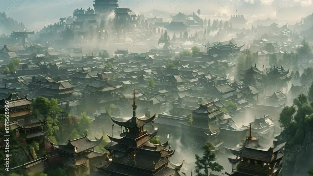 Overlooking A Sprawling Modern Chinese City With Skyscrapers Busy