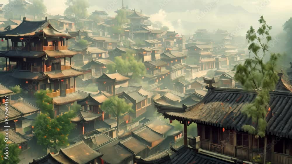 A village nestled in the Chinese mountains with traditional ...