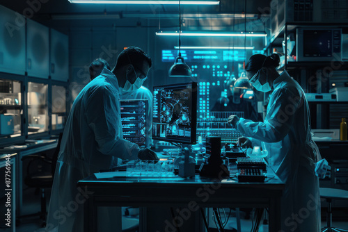 Lab workers wearing scrubs and protective masks working in a lab near, holographic displays , security, artifical intelligence