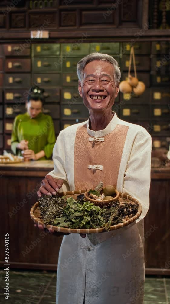 Vertical portrait of cheerful male senior homeopath holding tray of dried ingredients and herbs at traditional medicine apothecary Vertical portrait of cheerful male senior homeopath holding tray of dried ingredients and herbs at traditional medicine apothecary