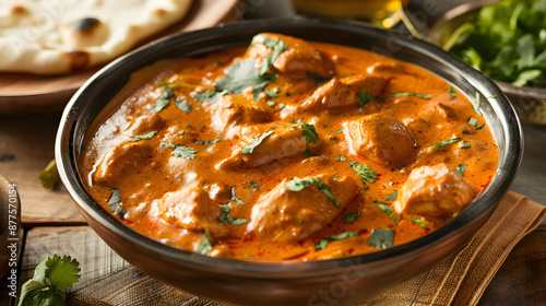 A steaming bowl of creamy butter chicken curry, rich in spices, with a garnish of fresh cilantro and a side of fluffy naan bread