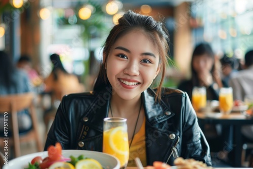 Young woman enjoying her meal at a cafe. Bright and cozy atmosphere, perfect for socializing. Restaurant scene with a focus on happy dining experience and casual interaction. Generative AI