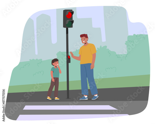 Father Teaching Child Road Safety Rules At A Crosswalk With A Traffic Light. Characters Waiting At A Pedestrian Crossing