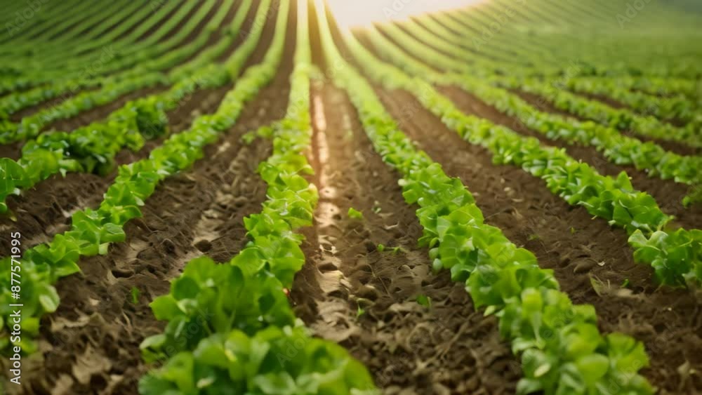 A green field with neatly arranged rows of lettuce plants growing, Imagining a world where all food products are traceable from farm to table A green field with neatly arranged rows of lettuce plants growing, Imagining a world where all food products are traceable from farm to table