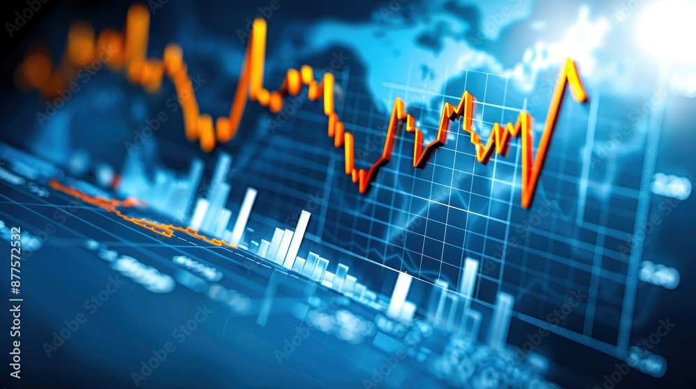 Obraz premium Dynamic financial chart with data visualizations showing market trends, stock prices, and economic analysis in a glowing blue and orange theme.