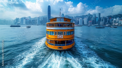 A yellow ferry boat cruises through the blue waters of Hong Kong Harbor, with the city skyline and skyscrapers visible in the background. photo