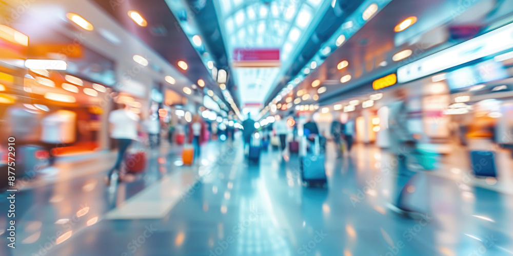 People walking in international airport. Tourists during transfer or waiting for their flight. Blurred motion in large international airport People walking in international airport. Tourists during transfer or waiting for their flight. Blurred motion in large international airport