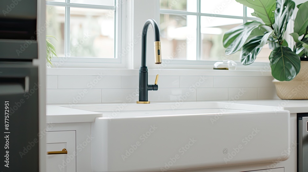 A black faucet and a white farmhouse sink are shown in a modern kitchen. A window with a view of green foliage is visible in the background A black faucet and a white farmhouse sink are shown in a modern kitchen. A window with a view of green foliage is visible in the background