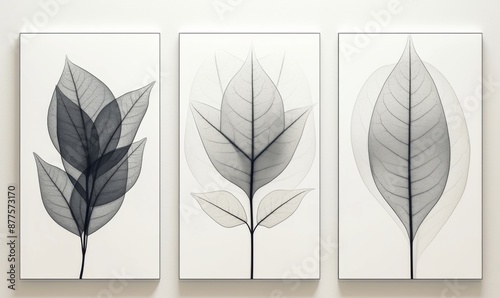 Three black and white framed leaf prints hung on the wall