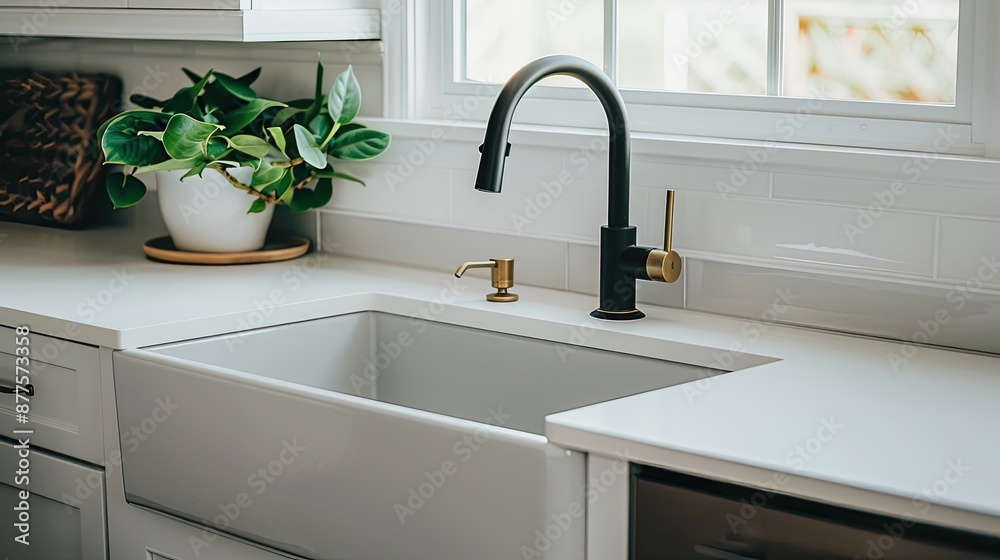 A black faucet and a white farmhouse sink are shown in a modern kitchen. A window with a view of green foliage is visible in the background A black faucet and a white farmhouse sink are shown in a modern kitchen. A window with a view of green foliage is visible in the background