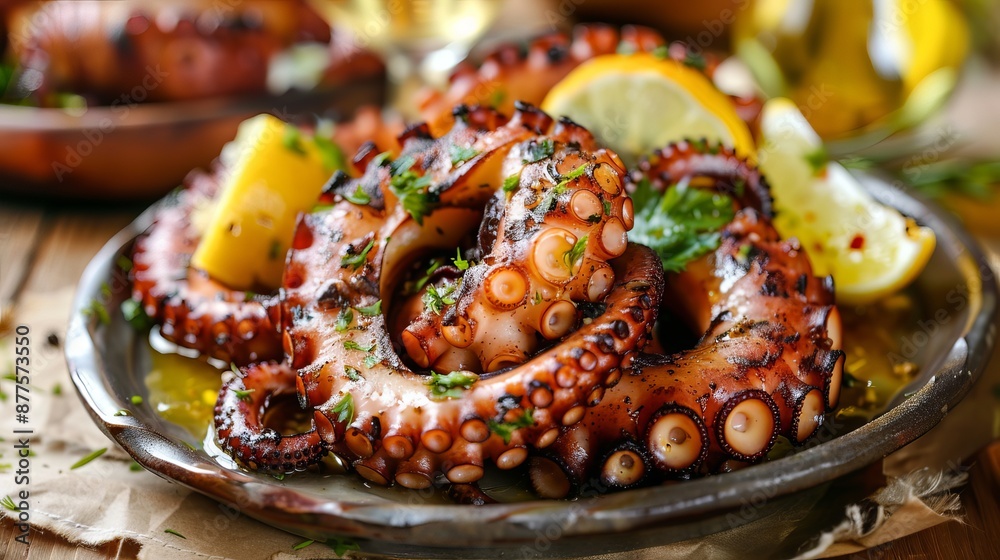 Octopus grilled on a plate. A popular Greek dish. Octopus grilled on a plate. A popular Greek dish.