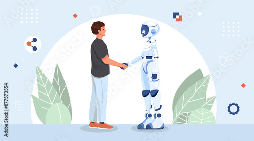 Man and robot shaking hands full growth Partnership between man humanoid robots Online collaboration between human artificial intelligence Contract with cyborg future machine Artificial intelligence
