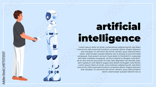 Man and robot shaking hands full growth Partnership between man humanoid robots Online collaboration between human artificial intelligence Contract with cyborg future machine Artificial intelligence