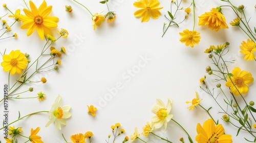 Fototapeta Naklejka Na Ścianę i Meble -  Wreath of assorted yellow flowers on white background Spring and summer symbol with room for text Overhead view
