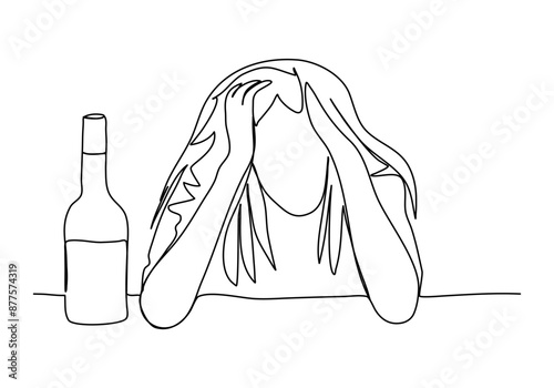 Drunk woman sitting at a table. One line drawing vector illustration.