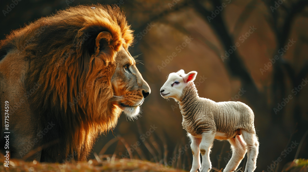Fototapeta premium Majestic Lion Standing Protectively Behind a Small Lamb in a Serene Wildlife Setting Symbolizing Peace and Harmony