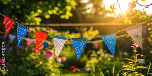 Sunny garden decorated with blue, red and white pennants for the outdoor summer party. photo