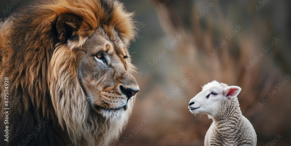 Obraz premium Majestic Lion Standing Protectively Behind a Small Lamb in a Serene Wildlife Setting Symbolizing Peace and Harmony