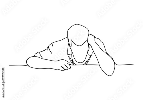 Drunk man sitting at a table. One line drawing vector illustration.