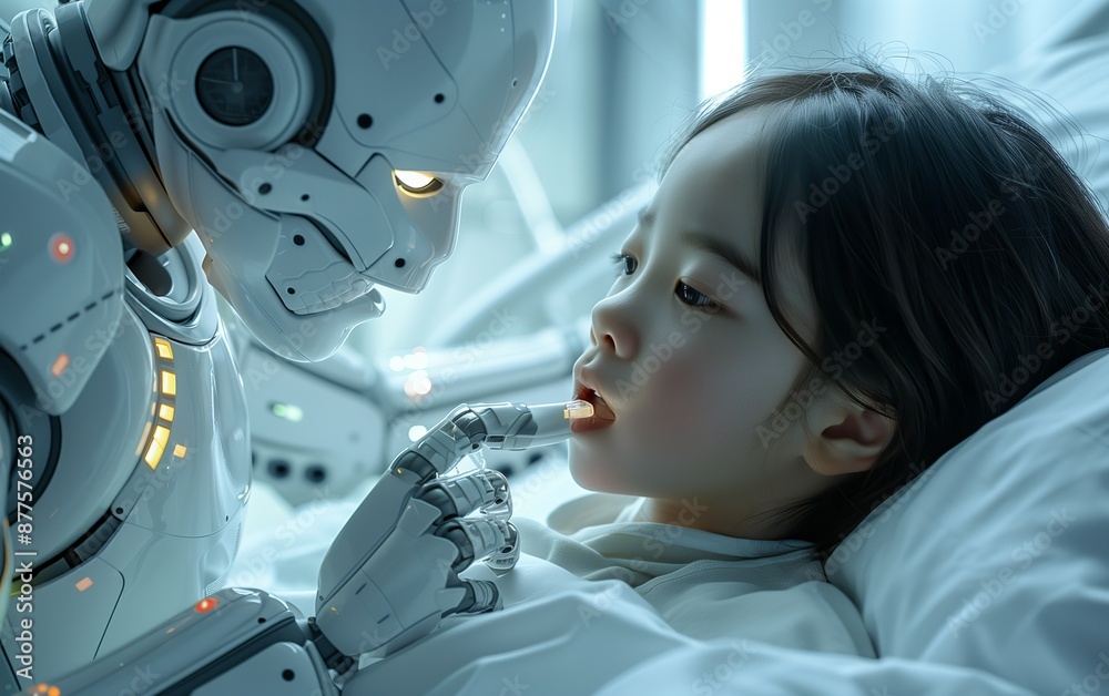 A robot caring for a child in a hospital bed highlighting human-robot interaction and futuristic healthcare setting with advanced AI technology and caregiving elements A robot caring for a child in a hospital bed highlighting human-robot interaction and futuristic healthcare setting with advanced AI technology and caregiving elements