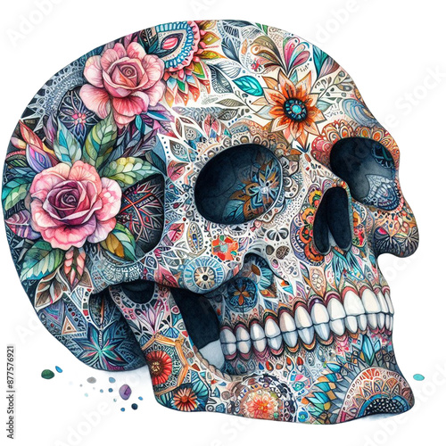 Watercolor Floral Skull Art Clipart
