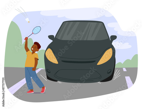 Cartoon Illustration Of A Child Playing With A Badminton Racket Near A Road While A Car Passes By, Vector Image