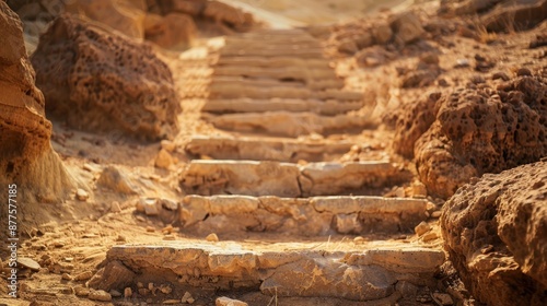 Ancient desert staircase discovered in archaeological dig with selective focus in background