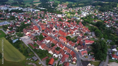 Aerial panorama around the old town of the city Heideck during an overcast summer day in Bavaria. photo