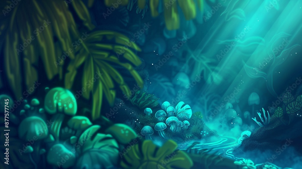 Fototapeta premium Glowing mushrooms light up a dark forest, their beautiful colors creating a magical scene. Perfect for a fantasy setting or a border design.