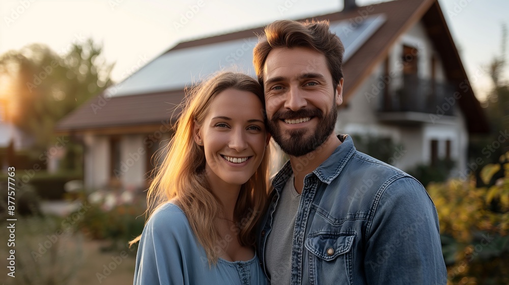 A young couple smiling happily in front of their solar-powered modern home showing a sense of achievement and sustainable living A young couple smiling happily in front of their solar-powered modern home showing a sense of achievement and sustainable living
