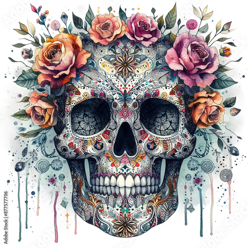 Watercolor Floral Skull Art Clipart