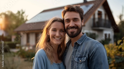 A young couple smiling happily in front of their solar-powered modern home showing a sense of achievement and sustainable living