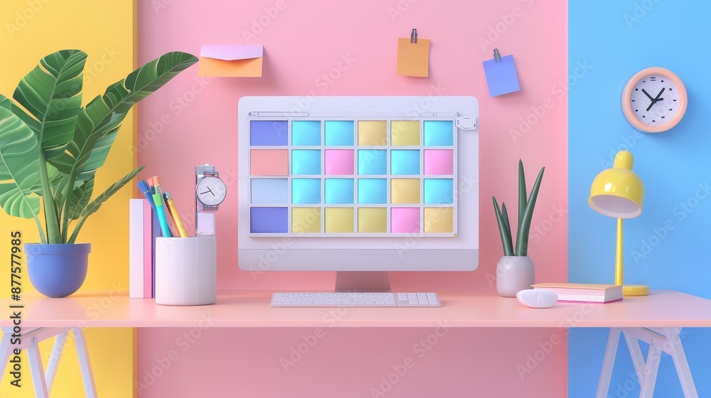 Minimalist Workspace with Calendar on a Computer Screen - A stylish and minimalist workspace featuring a computer with a digital calendar displayed on the screen, surrounded by colorful accessories, a