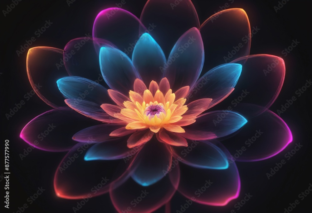 Abstract neon glowing flower with vibrant colorful petals on dark background Abstract neon glowing flower with vibrant colorful petals on dark background