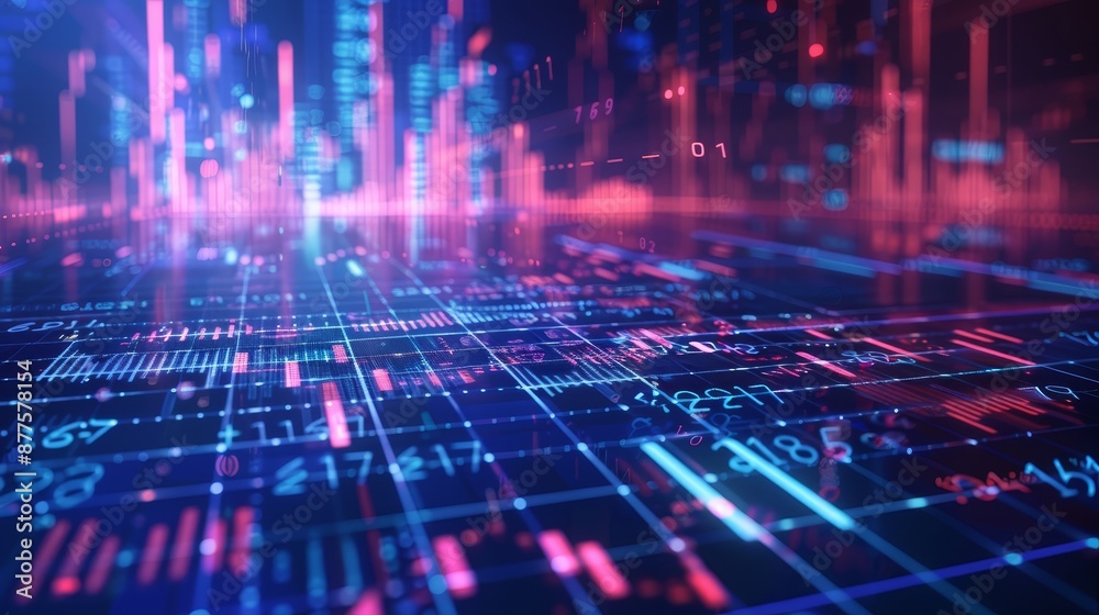 Obraz premium Digital Data Flow - Abstract digital data flow, visualized with a network of glowing lines and numbers, representing the flow of information in the digital world. - Abstract digital data flow, visuali