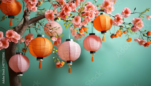 asiatische, lampions, papier, hängend, am, baum, ast, blüten,. blussen, neu, bunt, rosa, türkis, hintergrund, copy space, gestalten, entwerfen, kulisse, karte, schön, süss, niedlich, floral, japan, ad photo