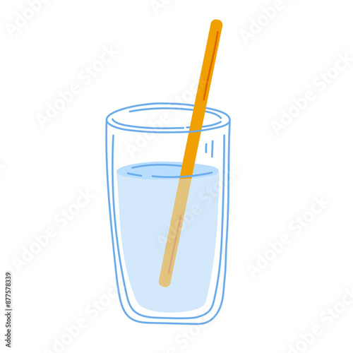 Outline glass with clear clean water and drinking straw