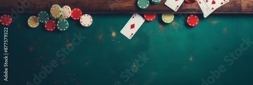 Poker Table with Chips and Cards - A close-up shot of a poker table with chips and cards. The table is covered in green felt, and there are chips of various colors scattered around. There are also a f photo