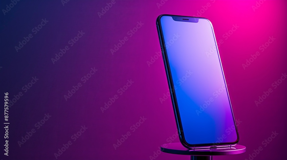 Desktop stand for your cell phone. Smartphone layout with soft color gradient background. Illustration for advertising, marketing or presentation.