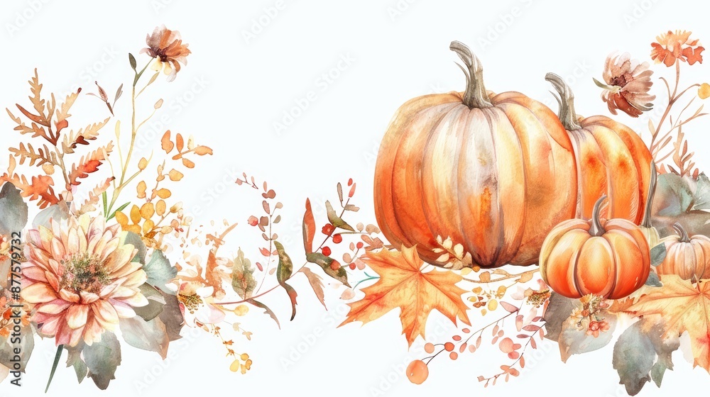 Naklejka premium Autumn Watercolor with Pumpkins and Flowers - A watercolor painting of pumpkins with autumn leaves and flowers - A watercolor painting of pumpkins with autumn leaves and flowers