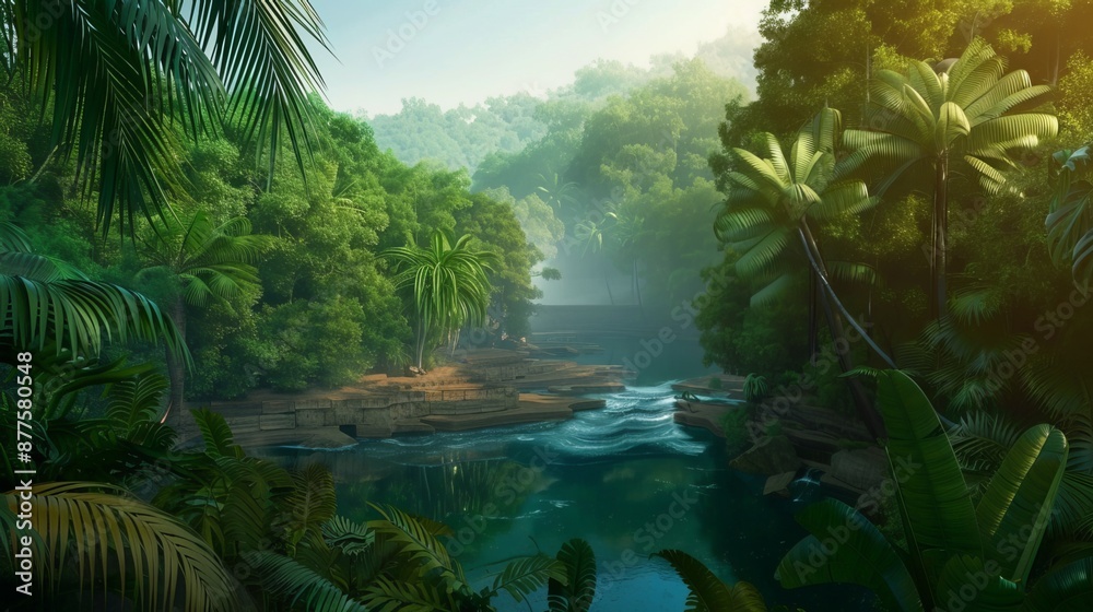 Picturesque jungle scenery with a river flowing through it, surrounded by lush green trees illuminated by the morning sun. Picturesque jungle scenery with a river flowing through it, surrounded by lush green trees illuminated by the morning sun.