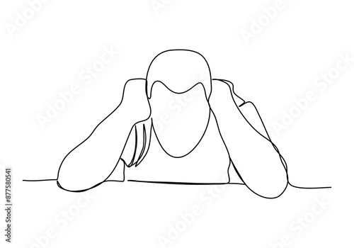 Drunk man sitting at a table. One line drawing vector illustration.