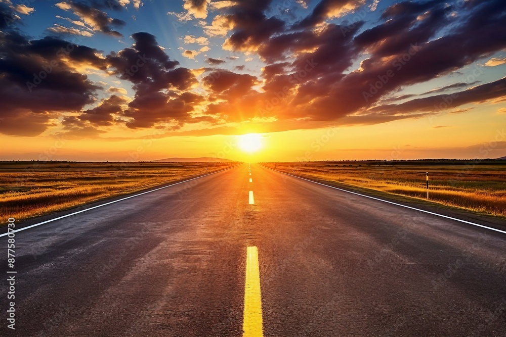 Naklejka premium Long Road in Desert at Dusk Featuring Dramatic Sky and Colorful Sunset Horizon. Generative AI