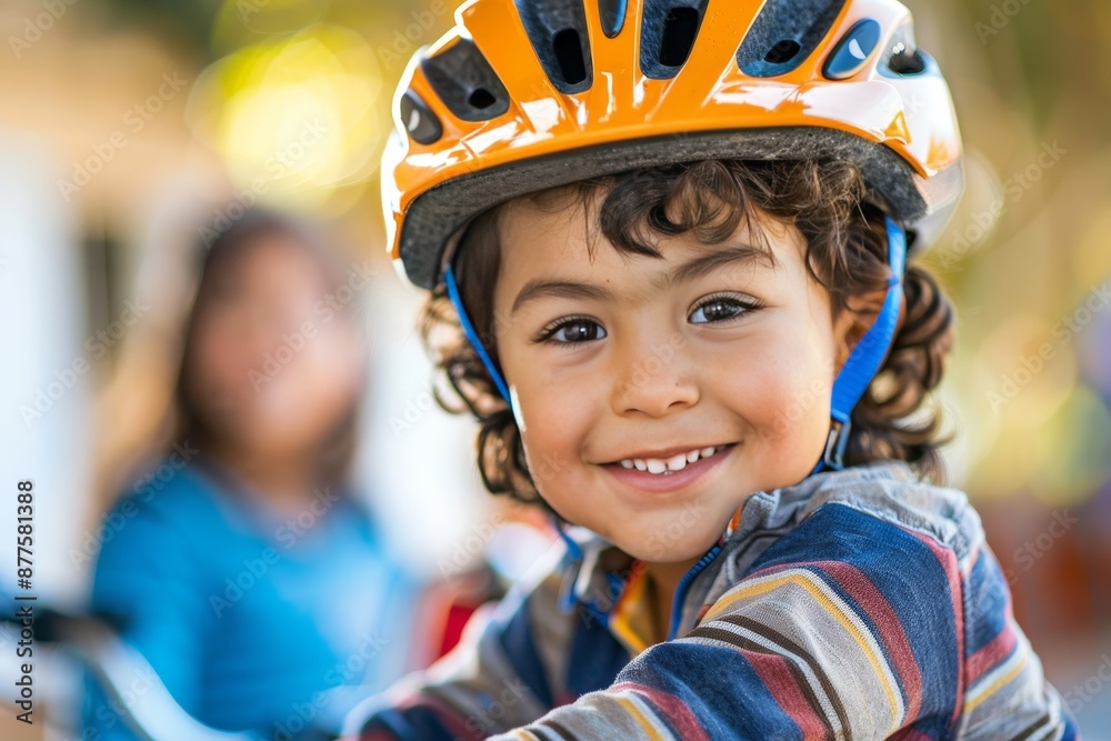 A young boy wearing a safety helmet and riding his bike on the path with family in the background, all smiling at the camera A young boy wearing a safety helmet and riding his bike on the path with family in the background, all smiling at the camera