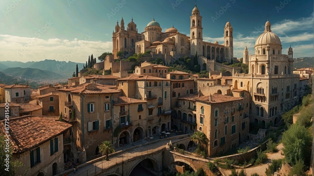 Obraz premium A beautiful cityscape of an ancient European city with a large cathedral. AI.