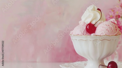 Wallpaper Mural   A close-up of a bowl of ice cream topped with cherries on the rim and a cherry on the side Torontodigital.ca