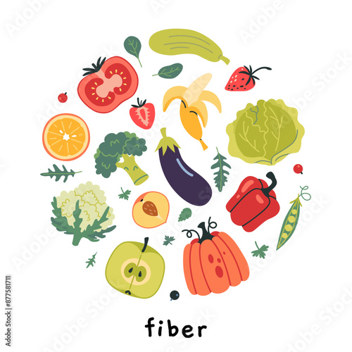 Vegetative fiber sources product infographic. Healthly food set with vegetables, fruits and berries. Modern vector illustration isolated on white background, hand drawn, flat design