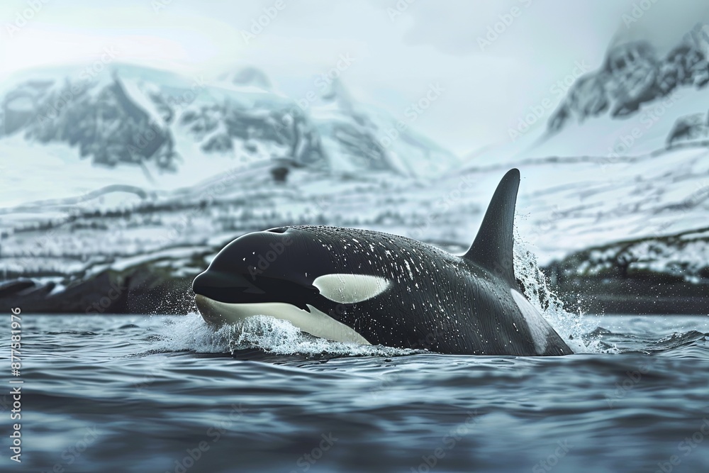 Fototapeta premium Single Orca Breaches in the Cold Waters of the Arctic