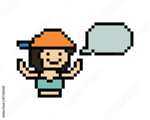 Vector Cute pixel 8bit character woman with chat blank say talk vector decoration 8 bit female girl think speak discuss idea chat box cartoon pixel gamepng vector.